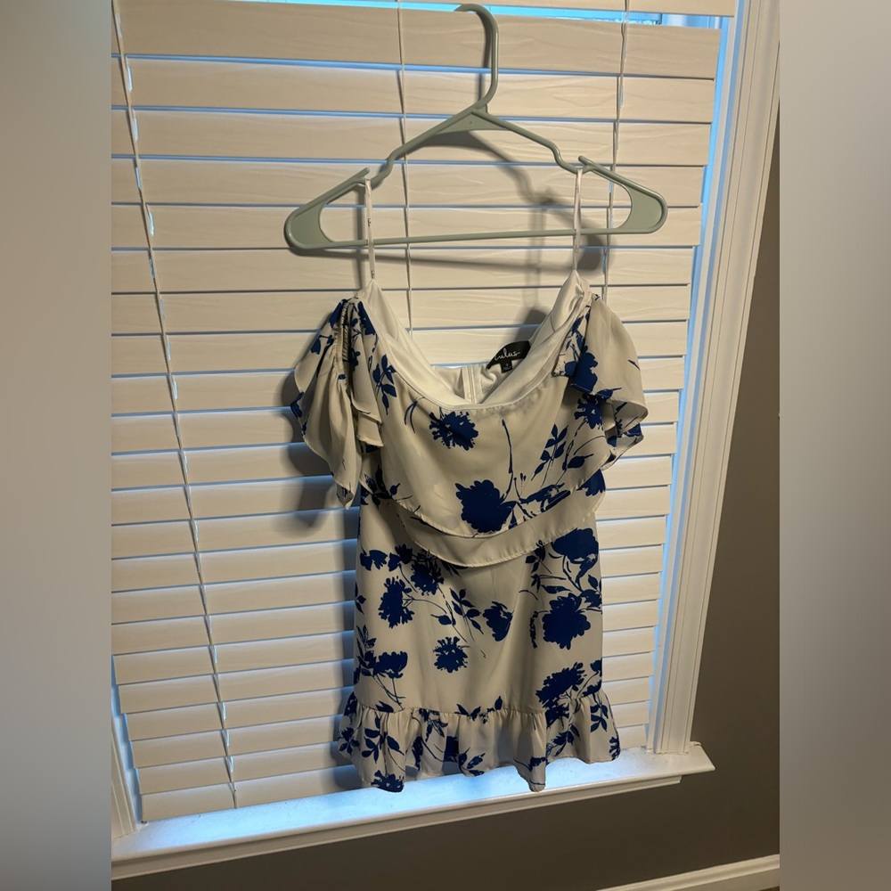 Lulus White Dress with Blue Flowers 
off the shoulder dress
Size S